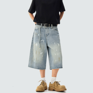 Retro-style acid-washed cotton sun-protective shorts
