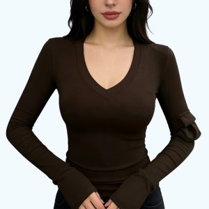 Solid Color V-Neck Long-Sleeve Top