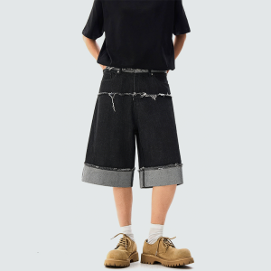 Patchwork embroidered loose denim capri shorts