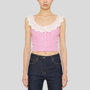 Pink round neck floral plaid vest