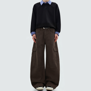 Washed curved cut straight leg casual pants
