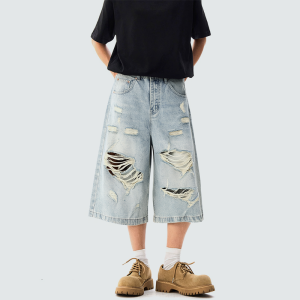 Punk distressed washed wide-leg denim shorts