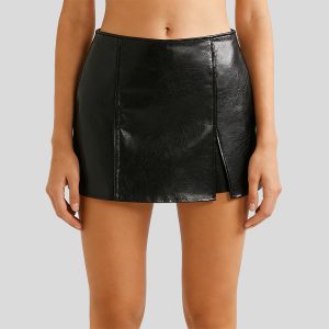 Black leather casual shorts with front slits